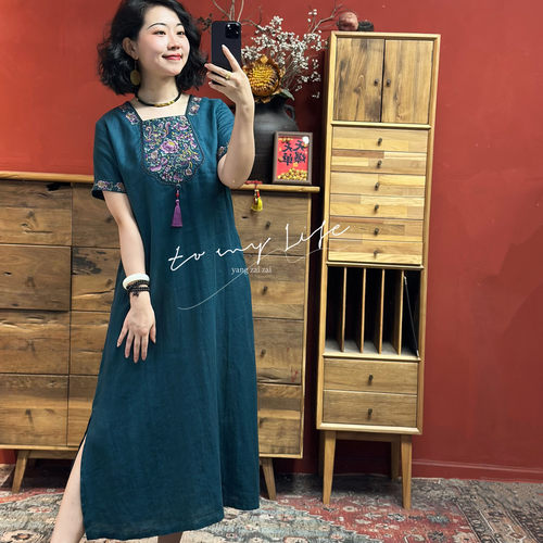 羊在在【芳辰四序】高定纯亚麻显瘦连衣裙中式民族风LYQ25YL1367