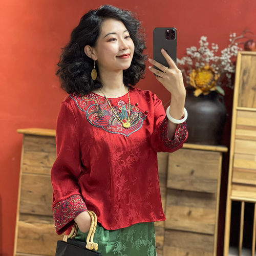 【羊在在】民族风中式斜襟刺绣上衣汉服唐装女圆领茶服SY24YX0373