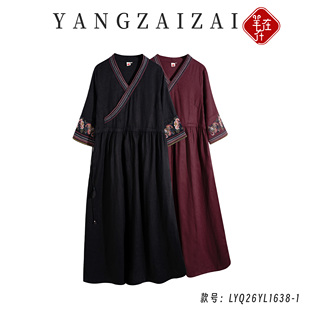 显瘦连衣裙YL1638 刺绣收腰亚麻民族风中式 春风浮见 羊在在