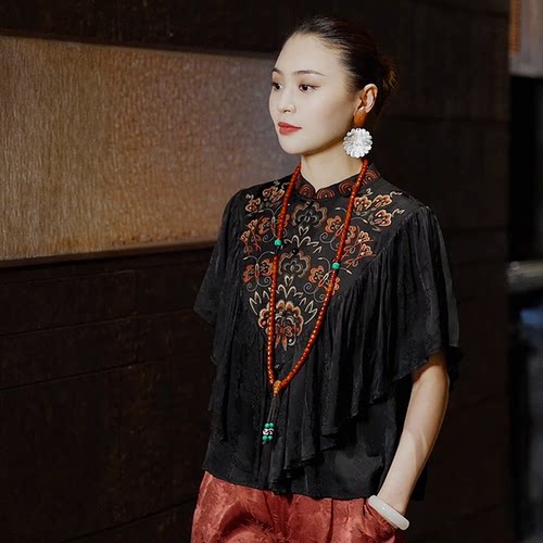 绣花上衣气质黑色立领棉麻女装
