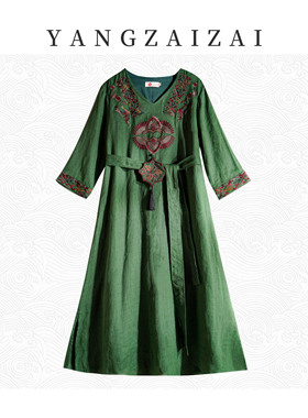 羊在在【草长莺飞】改良中式流苏刺绣连衣裙带腰带显瘦L080