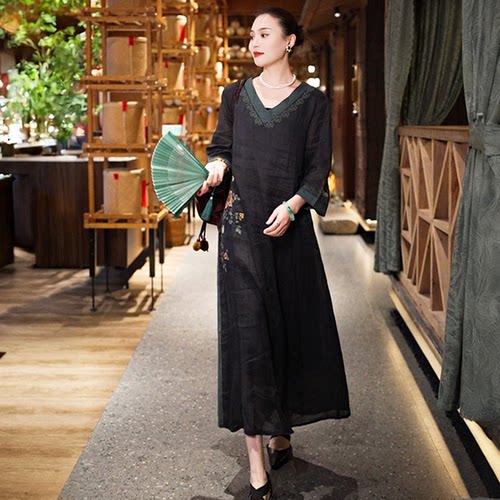 羊在在【青纱染墨】民族风茶服旗袍刺绣连衣裙纯苎麻LYQ26YL1659