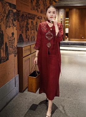 羊在在【草长莺飞】改良中式流苏刺绣连衣裙带腰带显瘦L080