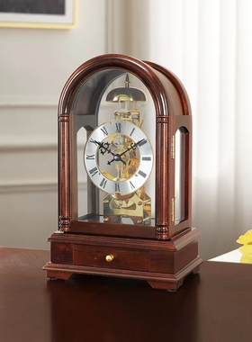 欧式实木机械座钟家用桌面装饰摆件坐钟复古报时钟表北极星铜机芯