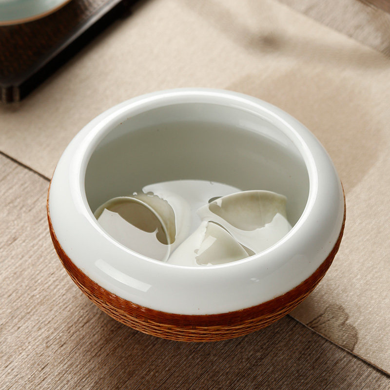 竹编陶瓷水盂建水茶洗茶钵笔洗茶渣缸小号日式建水洗茶杯茶具配件