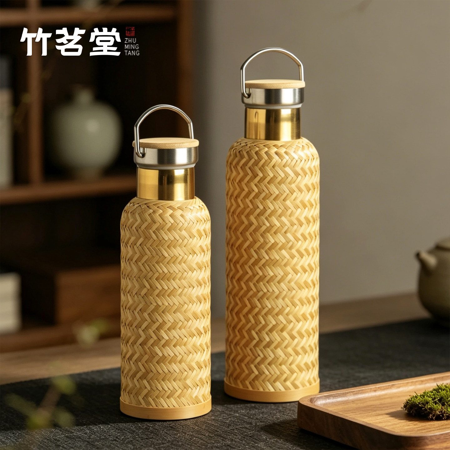 镀钛本色竹编保温杯手工细竹编织新中式茶人便携随身泡茶保温水杯