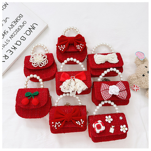 女童新年包包小女孩洋气斜挎包儿童珍珠手拎蝴蝶结包时尚红色小包