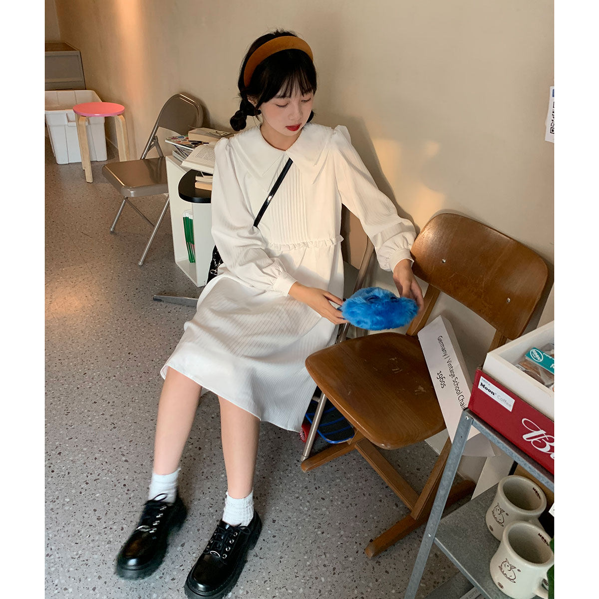 三木社 日系甜美少女小清新双领白色连衣裙长袖秋季小白裙