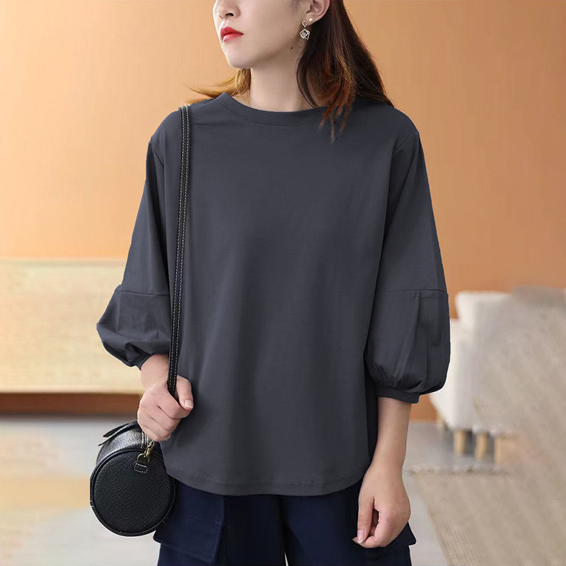 2025春夏显瘦宽松100%纯色七分袖圆领上衣女印花灯笼袖套头T恤女,女装/女士精品,T恤,淘宝优惠券,粉丝福利购,淘宝优惠卷