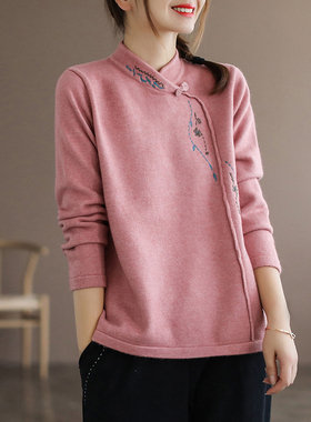 中国风刺绣拼接磨毛保暖T恤衫大码女装胖mm盘扣立领长袖打底上衣