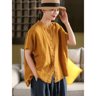 新款 2026夏季 显瘦立领上衣女装 短袖 衬衫 休闲宽松显瘦薄款 棉麻衬衫