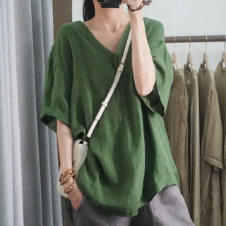 大码休闲胖批发新款宽松外贸女士衬衫2025半袖棉麻上衣女夏季白色