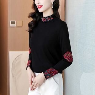 2025冬季新款刺绣内搭上衣民族风半高领双面德绒打底衫长袖T恤女