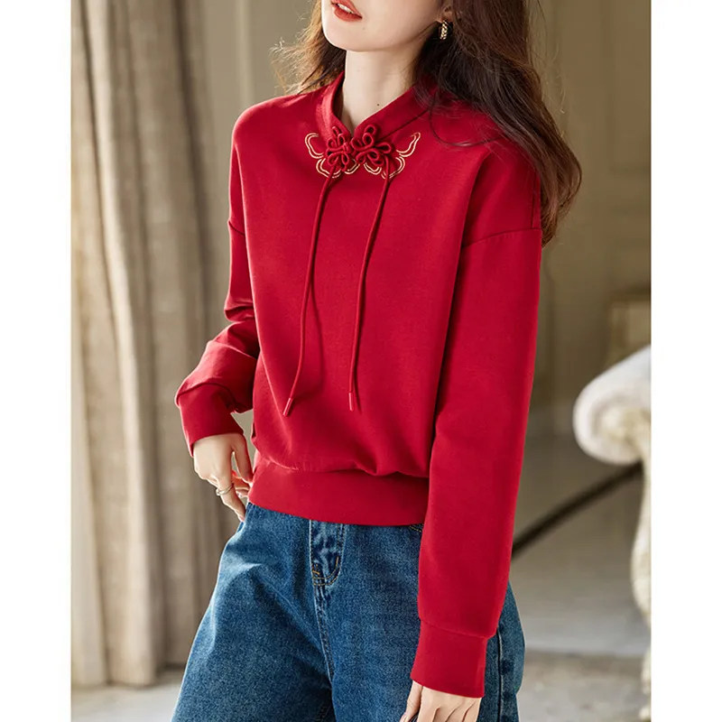 立领盘扣长袖卫衣秋冬季加绒加厚