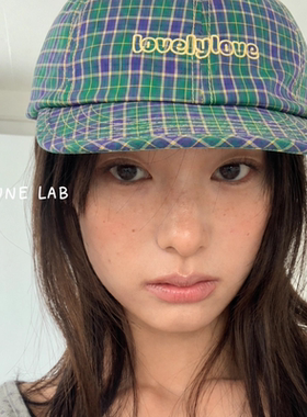 LUNE LAB 韩版格子字母复古棒球帽男女夏季平檐防晒鸭舌帽显脸小