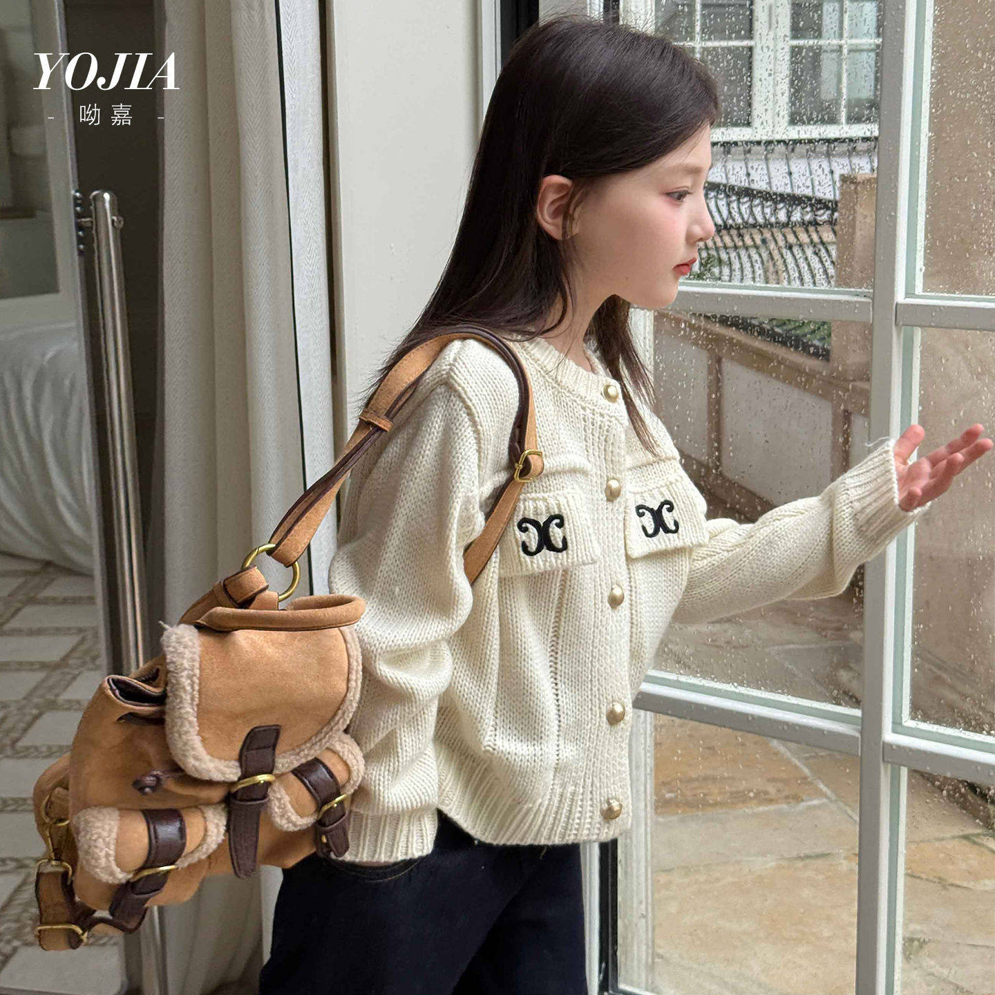 YOJIA女童毛衣秋季2025新款时髦小香风童装针织开衫秋装儿童外套