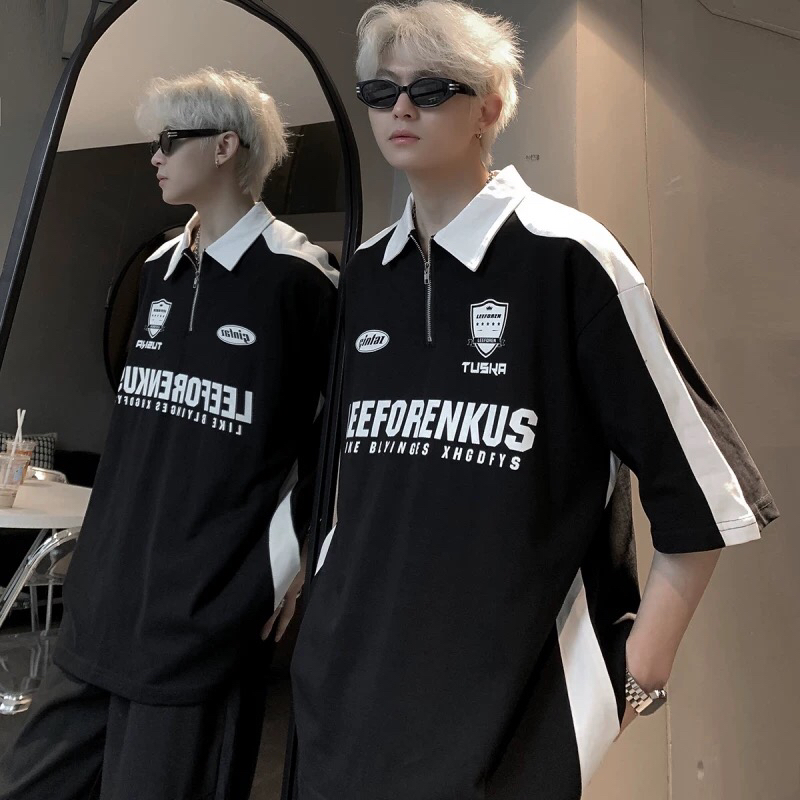 半拉链短袖重磅t恤男潮牌潮流美式小领口棒球服撞色拼接plol衫