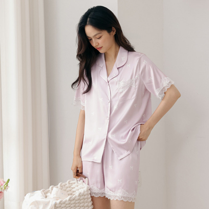 春夏新款蕾丝睡衣女夏季冰丝短袖短裤高级感可外穿薄款家居服套装