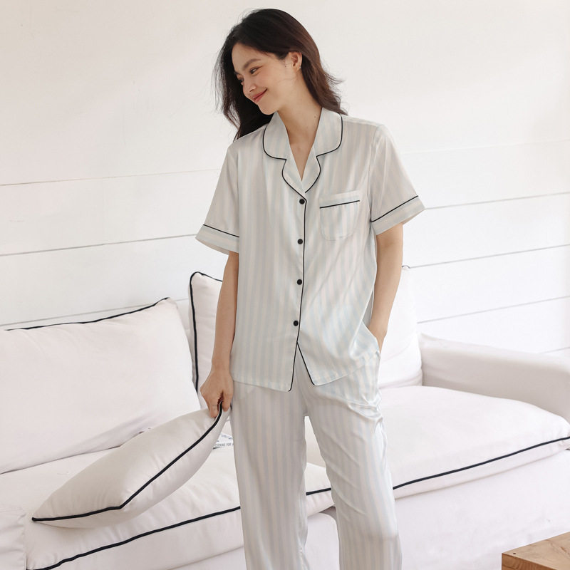 睡衣女春夏季新款冰丝短袖长裤高级感时尚轻奢甜美条纹家居服套装