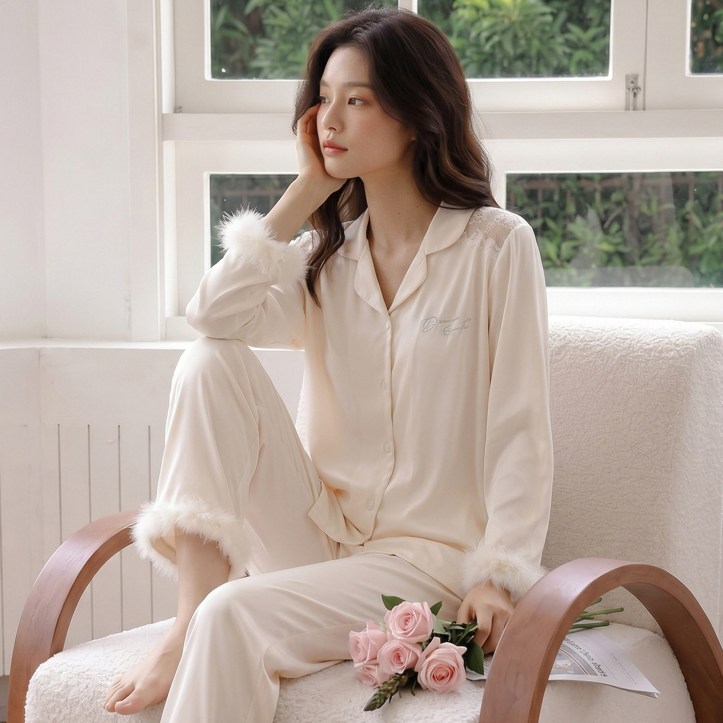 时尚拼接羽毛甜美睡衣女春秋新款冰丝长袖长裤女士家居服套装女夏