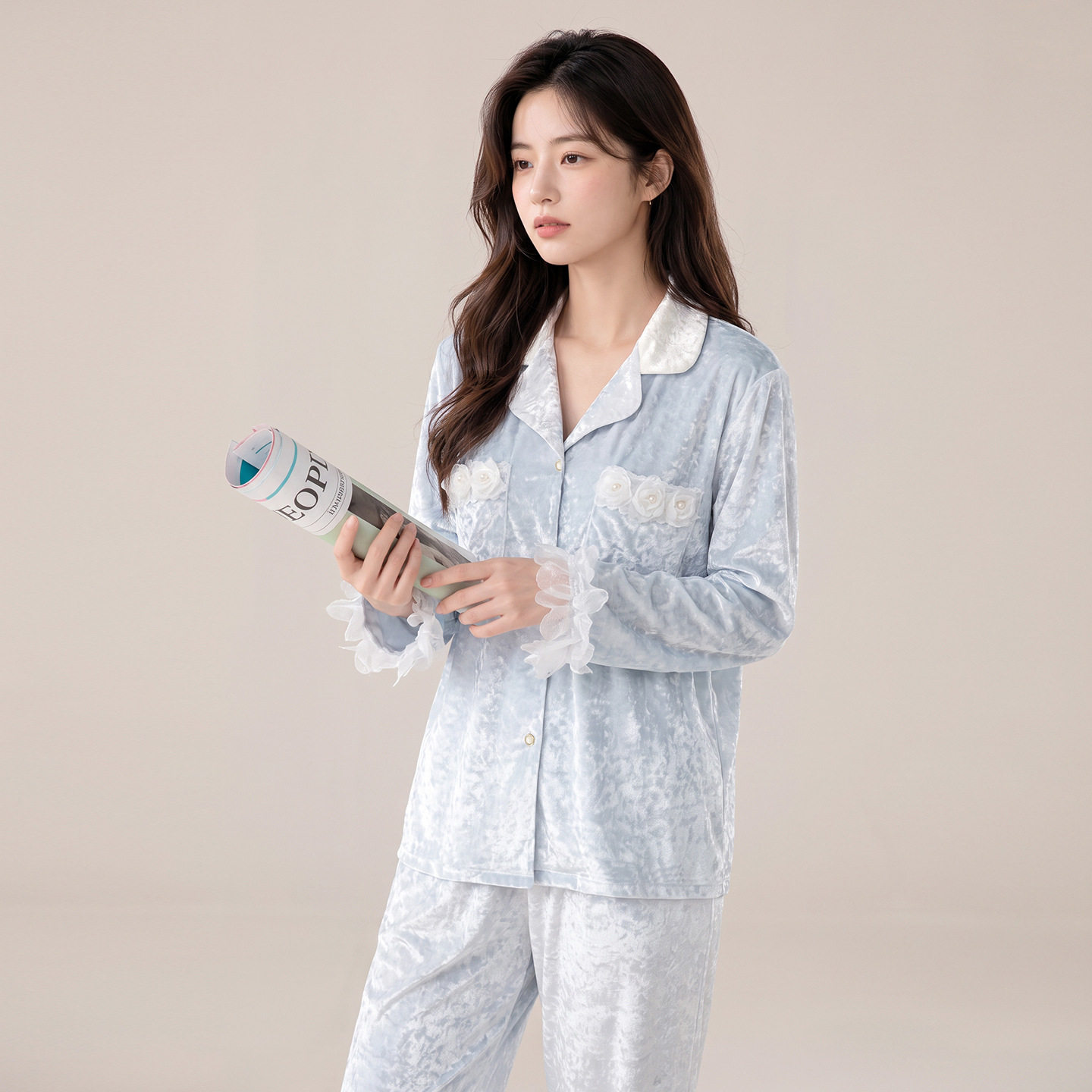 金钻绒睡衣女秋冬长袖长裤两件套立体花朵花边保暖丝绒家居服套装