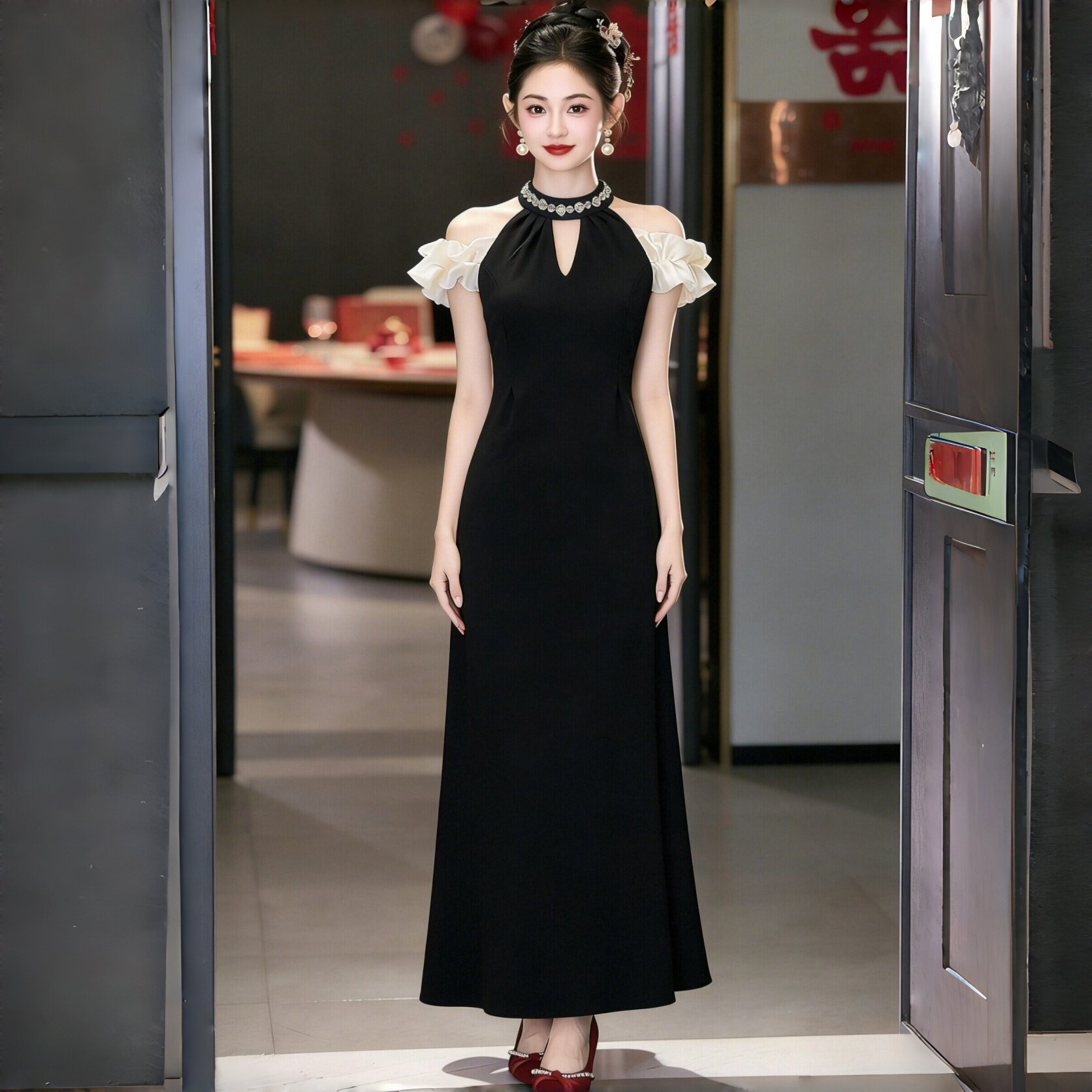 黑色鱼尾裙轻奢风挂脖连衣裙女显瘦气质名媛高级感晚礼服日常可穿图片