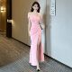 法式 一字肩粉色宴会礼服女日常可穿气质修身 包臀年会主持人连衣裙