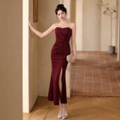 酒红色抹胸开叉鱼尾裙宴会名媛气质修身 礼服连衣裙女 显瘦高腰长款