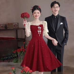订婚礼服裙女红色连衣裙平时可穿 敬酒服新娘结婚便装 2025夏季 新款