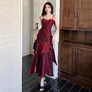 法式气质御姐性感连衣裙女生日红色酒会宴会晚礼服包臀鱼尾长裙子