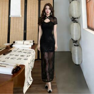 黑色性感气质显瘦开叉长裙修身旗袍晚礼服夜场技师工作服连衣裙女