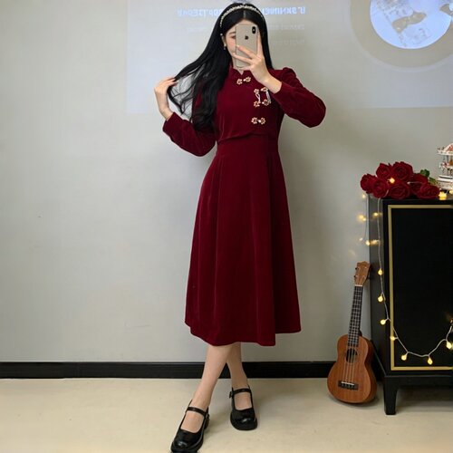 酒红色新中式旗袍修身秋冬季绝美
