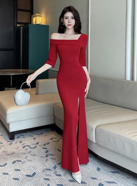 黑色夜总店连衣裙性感单肩礼服开叉长裙柔一字肩技师工作服鱼尾裙