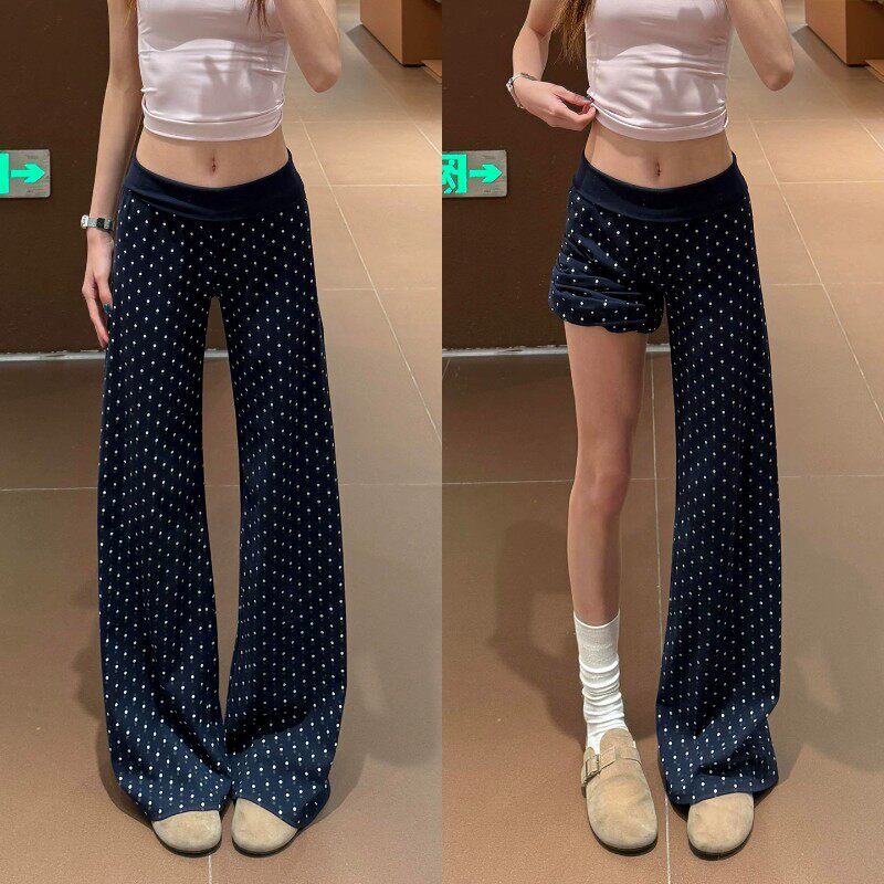 慵懒风藏青波点微喇裤女夏季薄款高腰垂感显瘦瑜伽健身喇叭运动裤