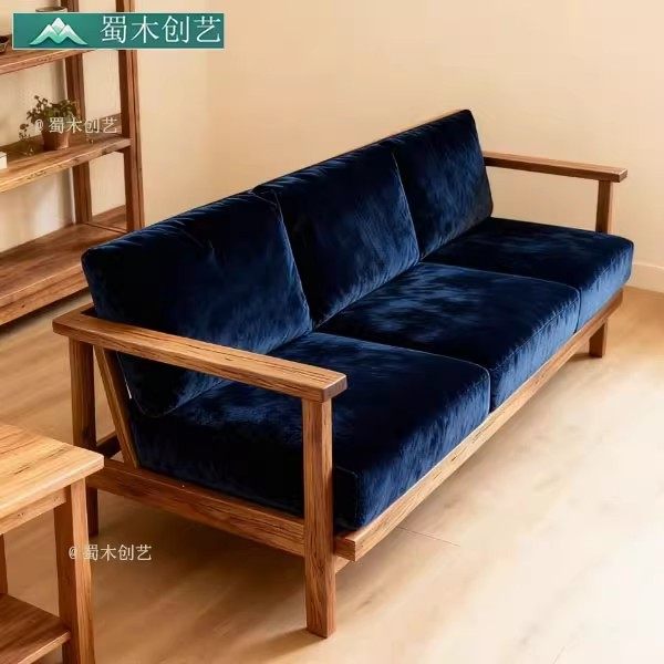 蜀木创艺实木绒布三人位沙发