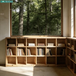 蜀木创艺实木书架落地式收纳储物柜轻奢风矩形书柜办公室原木书柜