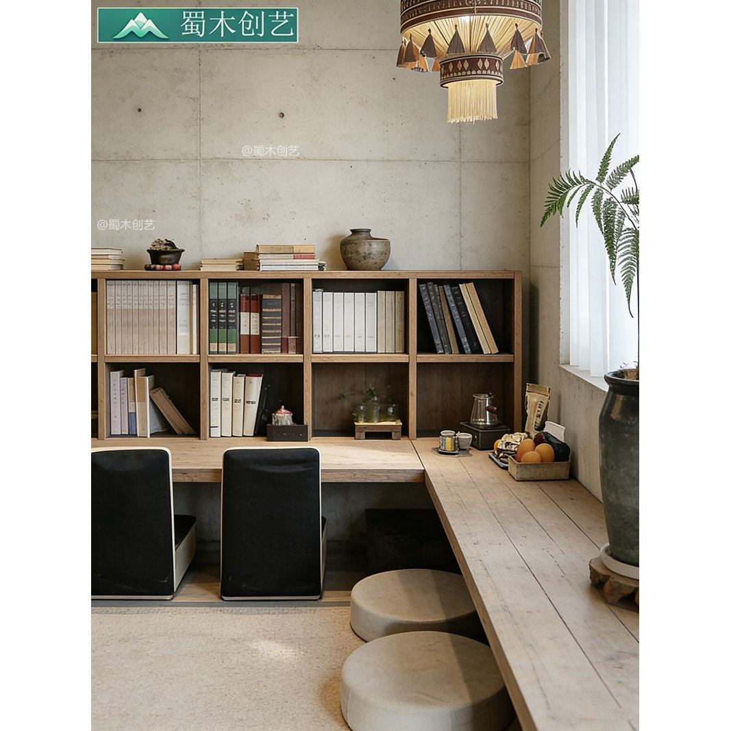 蜀木创艺复古风老榆木书架落地卯榫艺术风格办公室定制书桌书柜