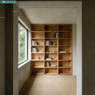 蜀木创艺复古实木书架落地置物架轻奢风原木办公室收纳储物书柜