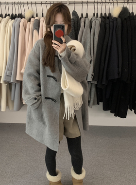 玥儿小众帽款牛角扣中长款羊毛外套（含89.9澳毛）YS1-N81070