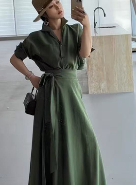 玥儿小众夏上新酵洗纯亚麻衬衫+大摆半身裙两件套套装A9990