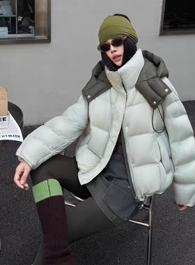 玥儿设计感时尚宽松单排扣休闲保暖羽绒服外套(配可拆帽子)7376