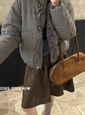 玥儿体花朵拉链短款女2025冬季新款面包服保暖羽绒服外套52198r