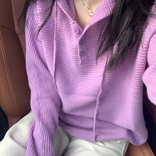 015 M119 玥儿小众0羊毛三粒扣连帽宽松毛衣毛衣 含100羊毛