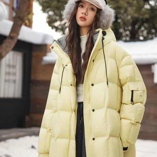 玥儿冬上新巨好看泡芙拼色设计感中长款连帽保暖羽绒服外套6668