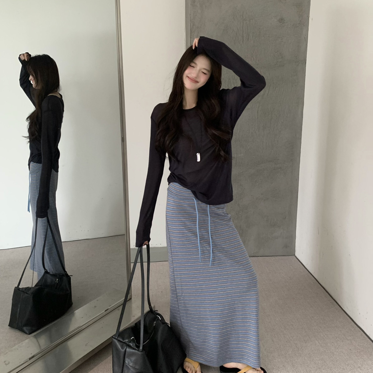 玥儿韩系多色条纹腰头翻边显瘦显高时尚感半身长裙半身裙