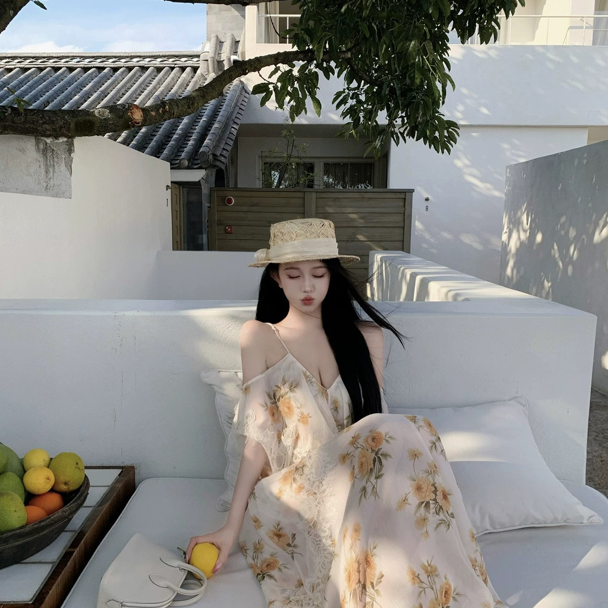 JAYKYYANG夏花漫游V领蕾丝花边吊带裙多层不规则褶皱连衣裙