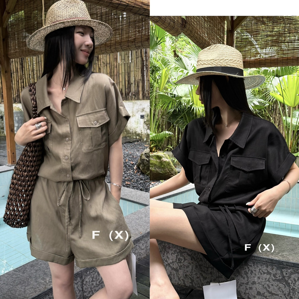 丝亚麻美式复古工装风多口袋宽松连体设计连体衣(工装口袋连体裤)