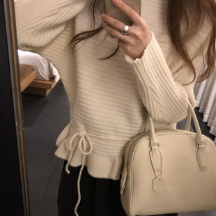 玥儿家小红书爆款 档口韩系荷叶边收腰系带设计毛衣毛衣1543