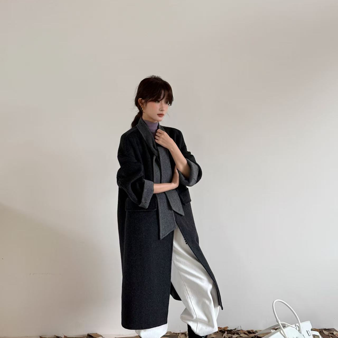 玥儿小众毛长款大衣宽松保暖羊毛外套(含68.8澳毛)KM3619599-1