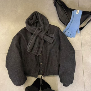 玥儿赫本风简约百搭夹克保暖羽绒服外套 T378 配围巾